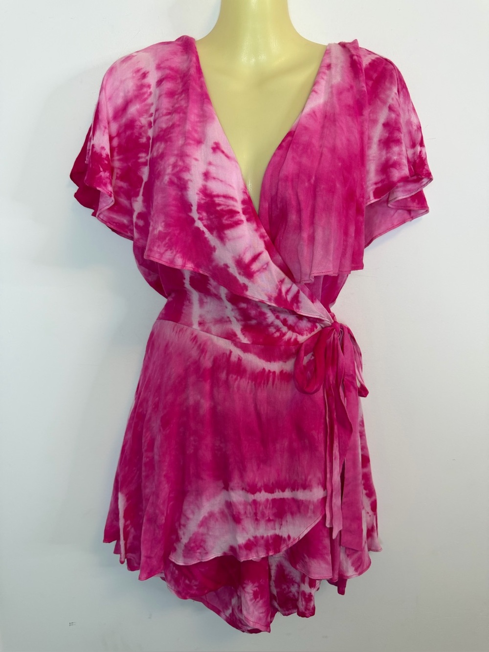Main Strip Pink Tie-Dye Wrap Romper with Flutter Sleeves